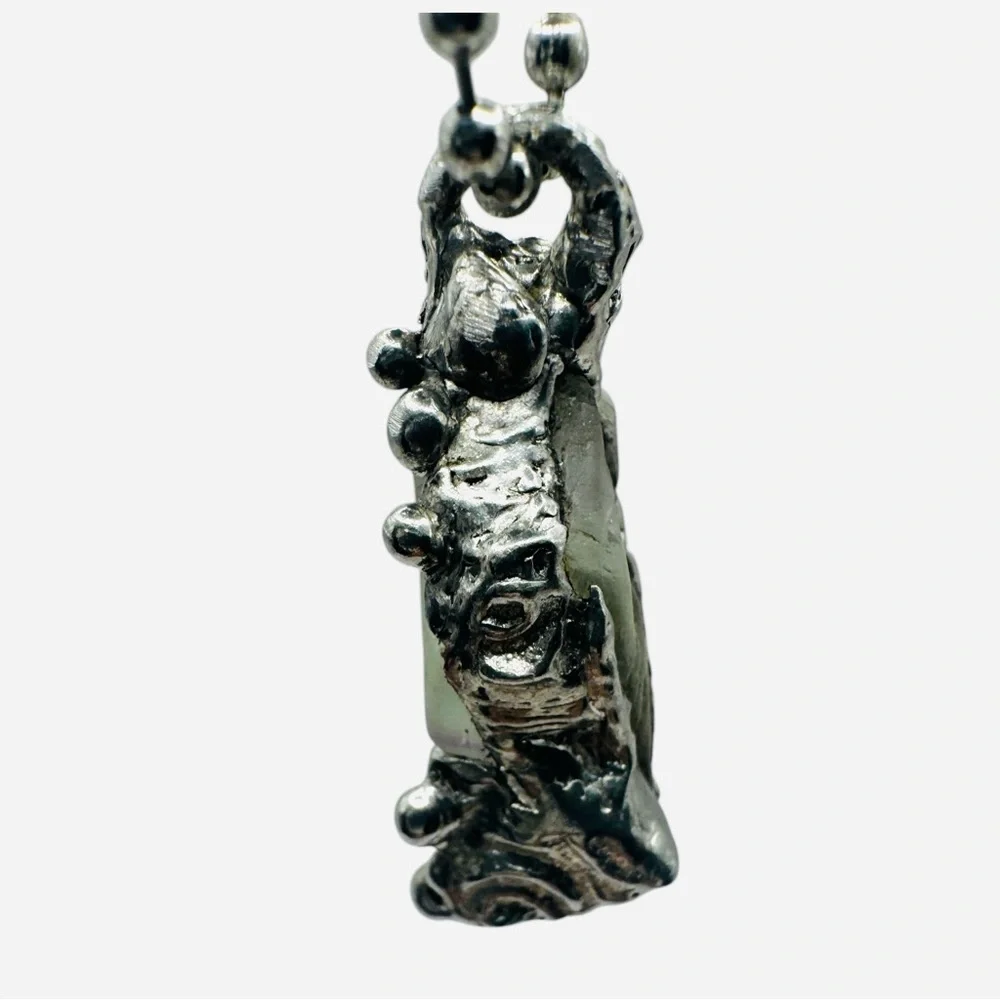 Green Fluorite Pendant Necklace With Artisan Metalwork Halo Bezel On Ball Chain - Picture 4 of 12